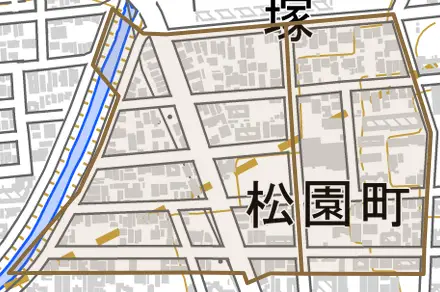 松園町とその周辺の地図。町の範囲を重ねている