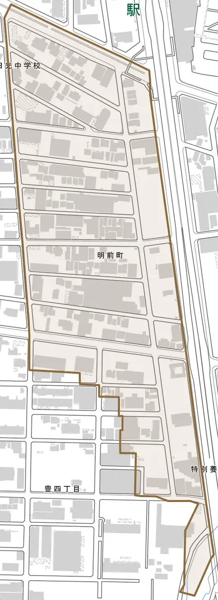 明前町とその周辺の地図。町の範囲を重ねている