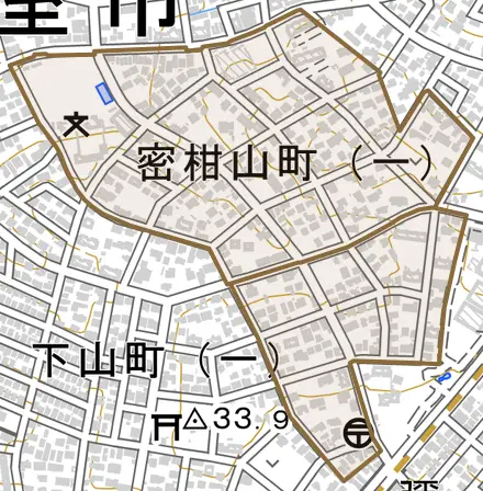 密柑山町とその周辺の地図。町の範囲を重ねている