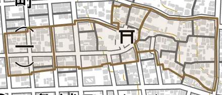 御劔町とその周辺の地図。町の範囲を重ねている