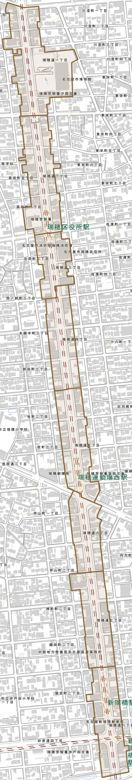 瑞穂通とその周辺の地図。町の範囲を重ねている
