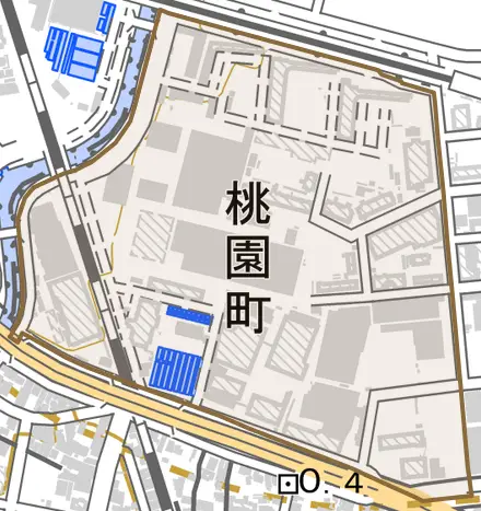 桃園町とその周辺の地図。町の範囲を重ねている