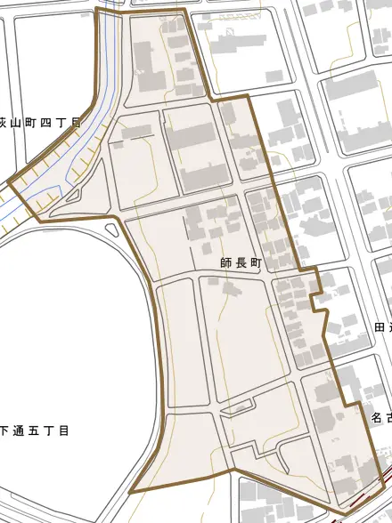 師長町とその周辺の地図。町の範囲を重ねている