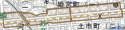 妙音通とその周辺の地図。町の範囲を重ねている
