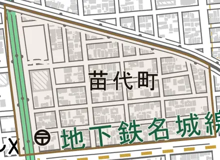 苗代町とその周辺の地図。町の範囲を重ねている