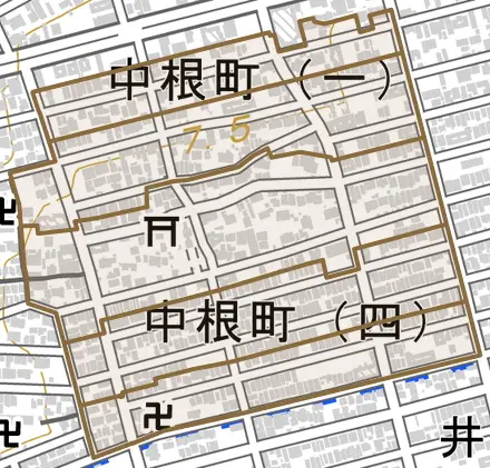 中根町とその周辺の地図。町の範囲を重ねている