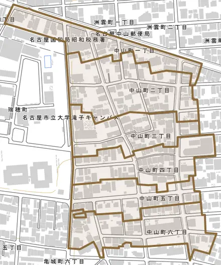 中山町とその周辺の地図。町の範囲を重ねている