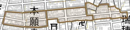 西ノ割町とその周辺の地図。町の範囲を重ねている