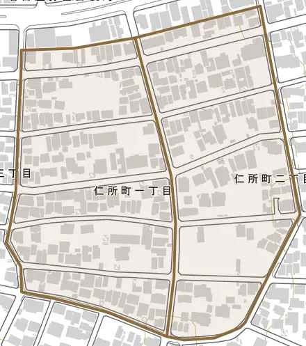 仁所町とその周辺の地図。町の範囲を重ねている