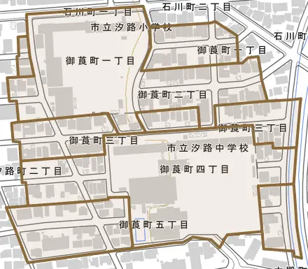 御莨町とその周辺の地図。町の範囲を重ねている
