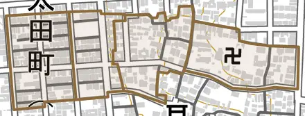 太田町とその周辺の地図。町の範囲を重ねている