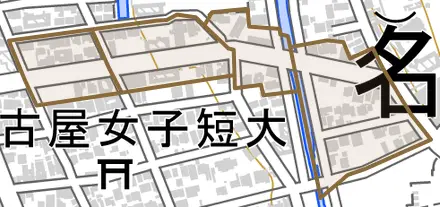 大殿町とその周辺の地図。町の範囲を重ねている