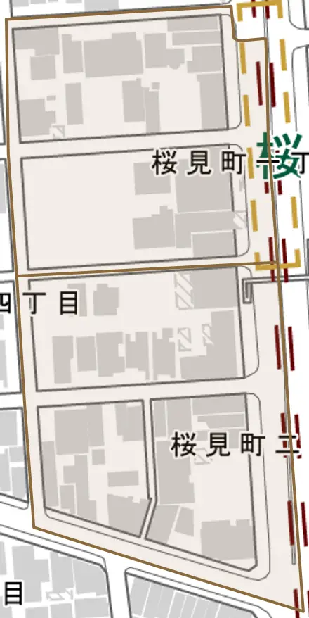 桜見町とその周辺の地図。町の範囲を重ねている