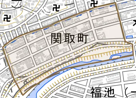 関取町とその周辺の地図。町の範囲を重ねている