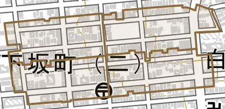 下坂町とその周辺の地図。町の範囲を重ねている
