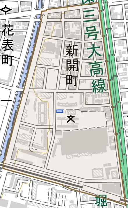 新開町とその周辺の地図。町の範囲を重ねている