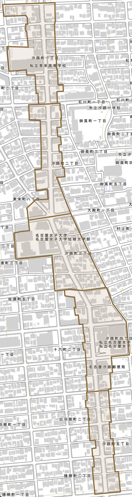 汐路町とその周辺の地図。町の範囲を重ねている