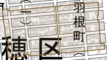 白羽根町とその周辺の地図。町の範囲を重ねている