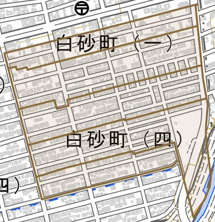 白砂町とその周辺の地図。町の範囲を重ねている