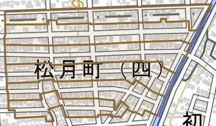 松月町とその周辺の地図。町の範囲を重ねている