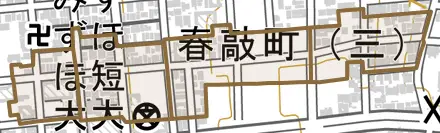 春敲町とその周辺の地図。町の範囲を重ねている