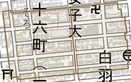 十六町とその周辺の地図。町の範囲を重ねている