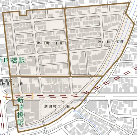 洲山町とその周辺の地図。町の範囲を重ねている