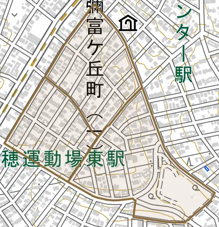 彌富ケ丘町とその周辺の地図。町の範囲を重ねている