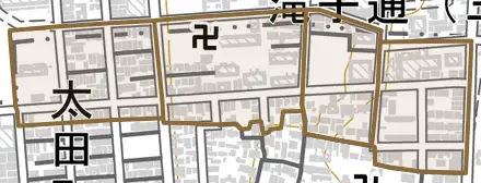 竹田町とその周辺の地図。町の範囲を重ねている