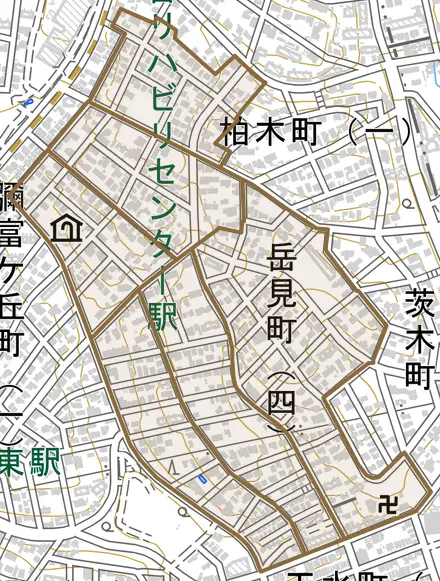 岳見町とその周辺の地図。町の範囲を重ねている