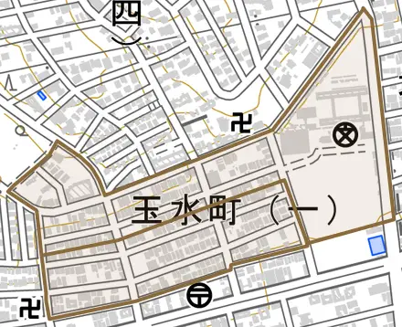 玉水町とその周辺の地図。町の範囲を重ねている