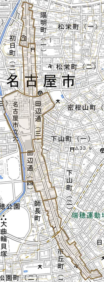 田辺通とその周辺の地図。町の範囲を重ねている