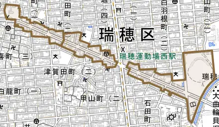 豊岡通とその周辺の地図。町の範囲を重ねている
