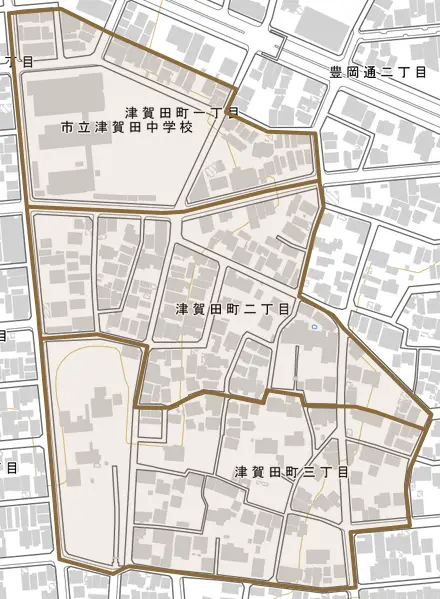 津賀田町とその周辺の地図。町の範囲を重ねている