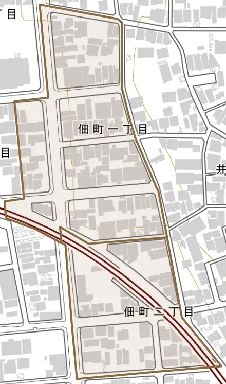 佃町とその周辺の地図。町の範囲を重ねている