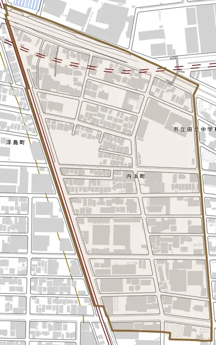 内浜町とその周辺の地図。町の範囲を重ねている