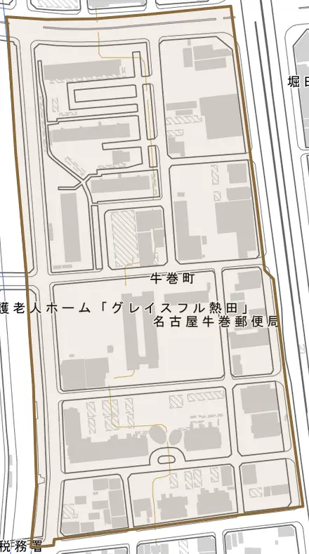 牛巻町とその周辺の地図。町の範囲を重ねている