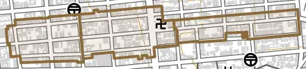 柳ケ枝町とその周辺の地図。町の範囲を重ねている