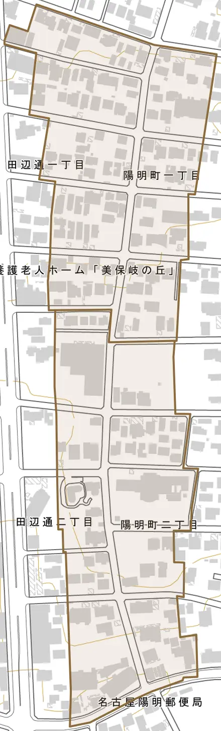 陽明町とその周辺の地図。町の範囲を重ねている