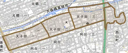 天子田とその周辺の地図。町の範囲を重ねている