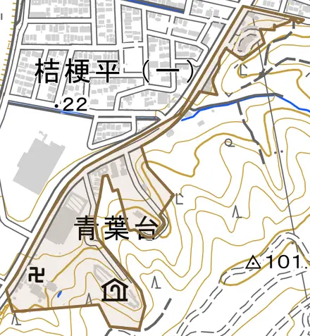 青葉台とその周辺の地図。町の範囲を重ねている