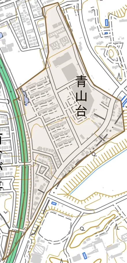 青山台とその周辺の地図。町の範囲を重ねている