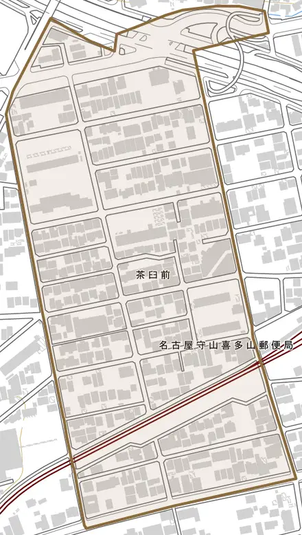 茶臼前とその周辺の地図。町の範囲を重ねている