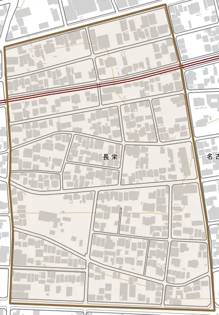 長栄とその周辺の地図。町の範囲を重ねている