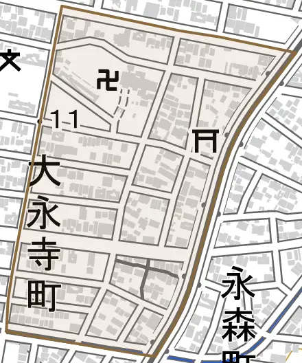 大永寺町とその周辺の地図。町の範囲を重ねている