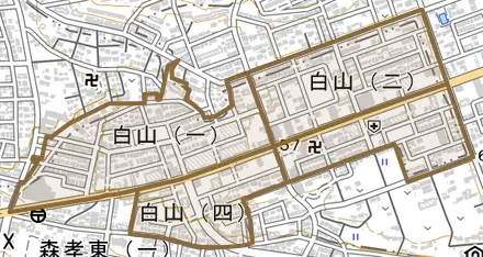 白山とその周辺の地図。町の範囲を重ねている