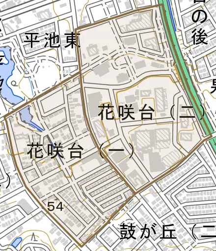 花咲台とその周辺の地図。町の範囲を重ねている