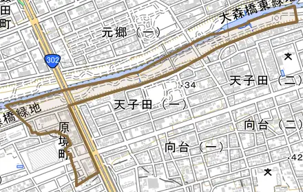 原境町とその周辺の地図。町の範囲を重ねている