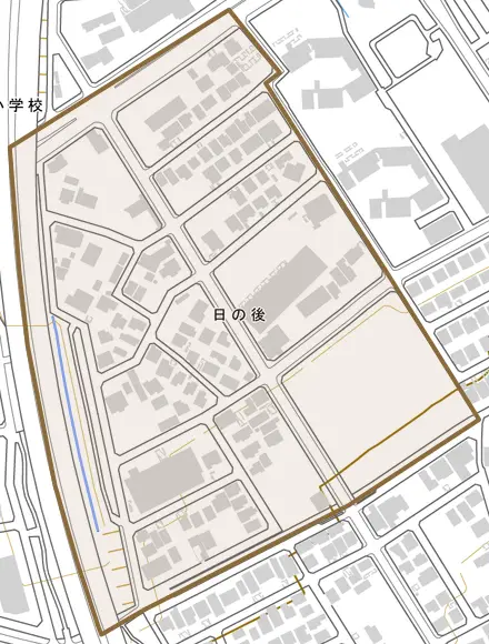 日の後とその周辺の地図。町の範囲を重ねている