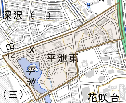 平池東とその周辺の地図。町の範囲を重ねている